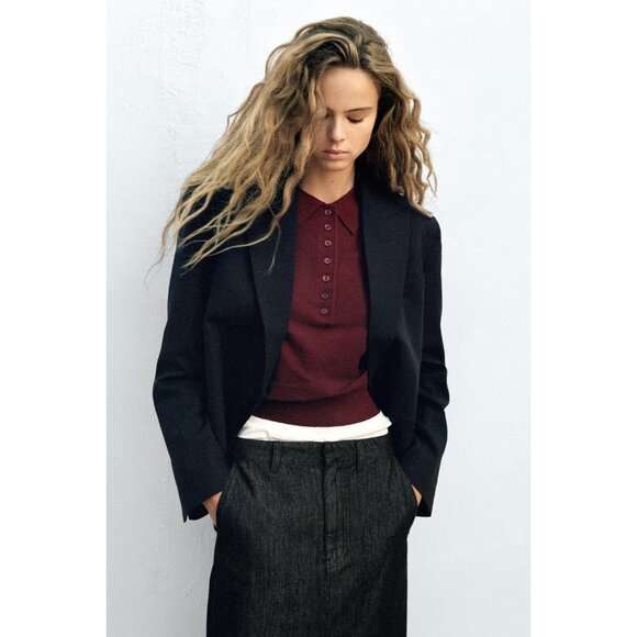 Zara Womens Cropped Blazer Jacket S Small Dark Navy Blue Oversized 1255/863 NWT - Picture 1 of 16
